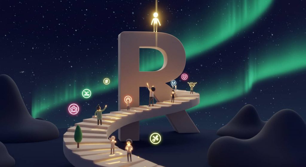 A Pixar-style 3D cartoon of a person on a spiraling path forming a giant R, reaching towards a bright light, surrounded by glowing orbs and symbols of spiritual growth against a starry sky.