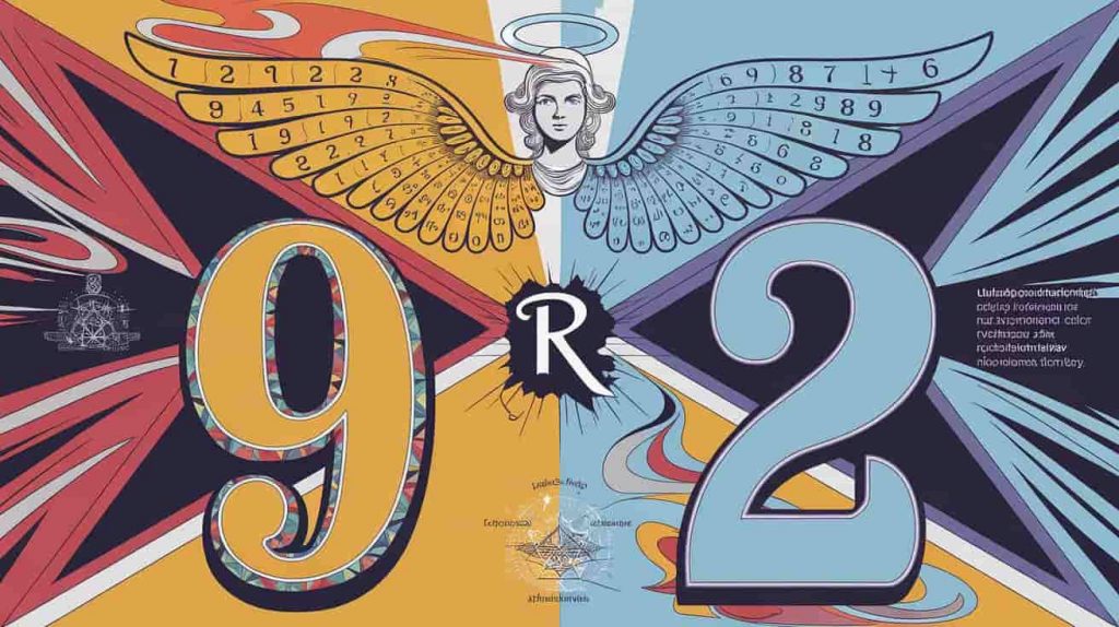 A vibrant pop art image featuring colorful numbers 9 and 2, and an angel with number wings, representing the numerological significance of R, with abstract spiritual symbols in the background.