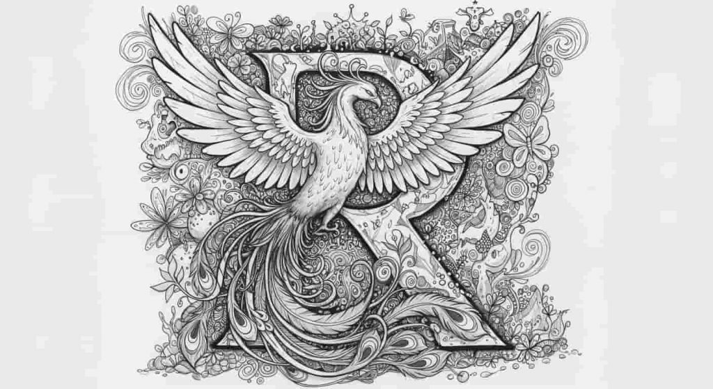 A dynamic doodle sketch of a phoenix rising from ashes, its form creating the letter R, surrounded by symbols of renewal and rebirth like seedlings, butterflies, and crescent moons.