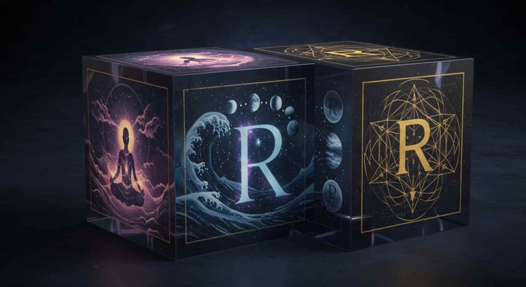 A 3D cube with three visible faces in Ukiyo-e and dark fantasy style, showing scenes of meditation, celestial alignment, and sacred geometry, all incorporating the letter R and themes of divine energy resonance.