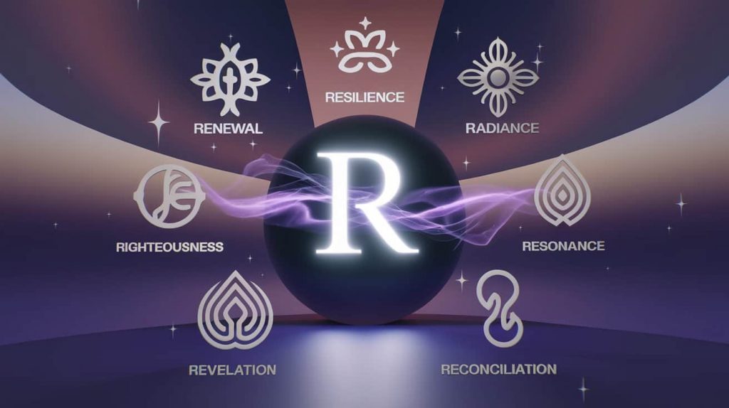 A 3D rendered circular arrangement of seven spiritual symbols surrounding a glowing letter R, representing various spiritual meanings against a cosmic background.
