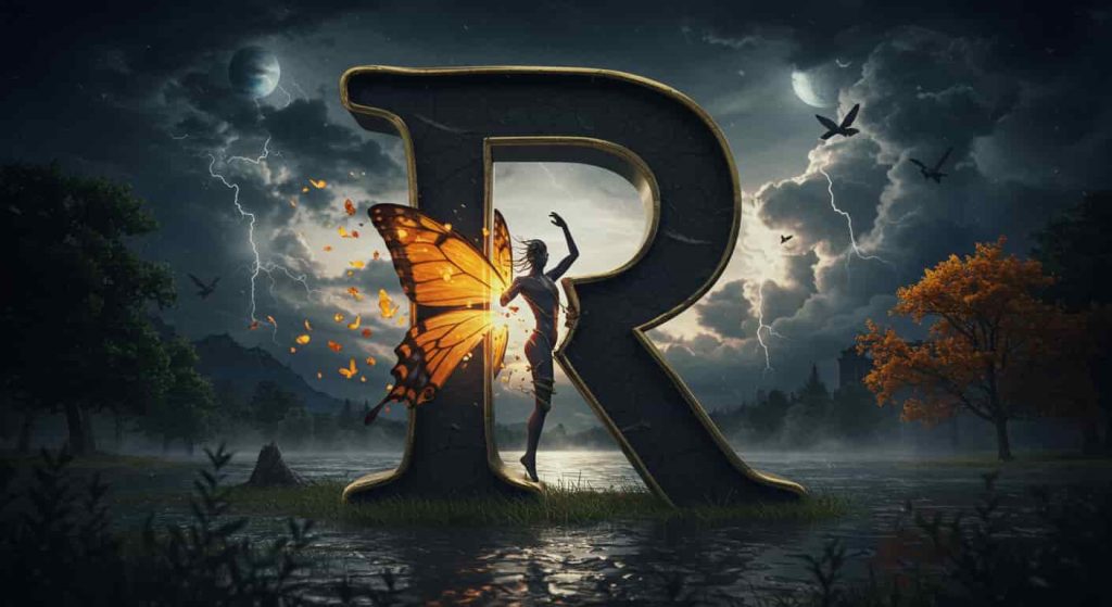 A 3D rendered dark fantasy painting of a person emerging from an R-shaped cocoon with butterfly wings, set against a dramatic sky with transforming natural elements, symbolizing renewal and transformation.