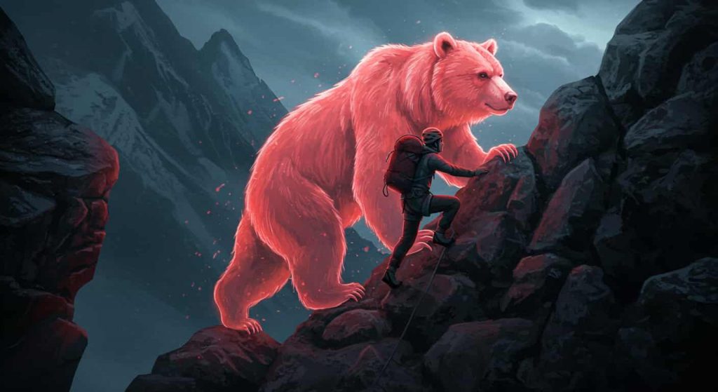 A determined climber ascends a steep mountain, supported by a translucent red bear spirit offering courage and inner strength through its energy.
