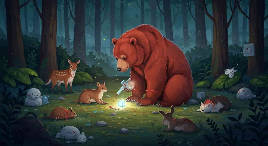 A gentle red bear with glowing paws tends to wounded animals and plants in a serene forest, showcasing various stages of healing and representing the bear's nurturing spiritual power.