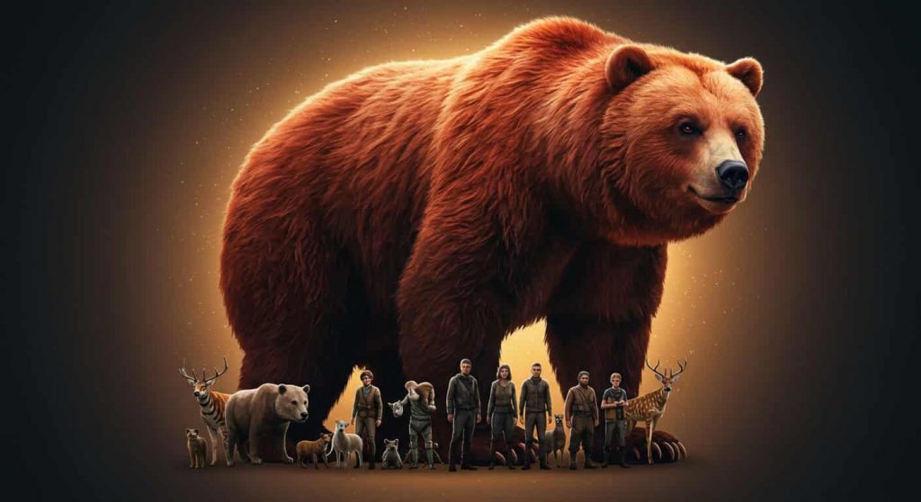 A massive red bear stands protectively over a diverse group of people and animals, surrounded by a glowing energy shield, symbolizing its role as a spiritual guardian.

