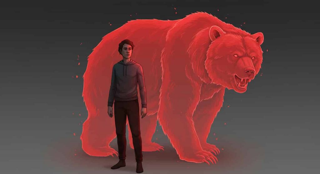 A confident person stands with a translucent, fierce red bear spirit emerging from their body, surrounded by a glowing aura blending human and bear energies.