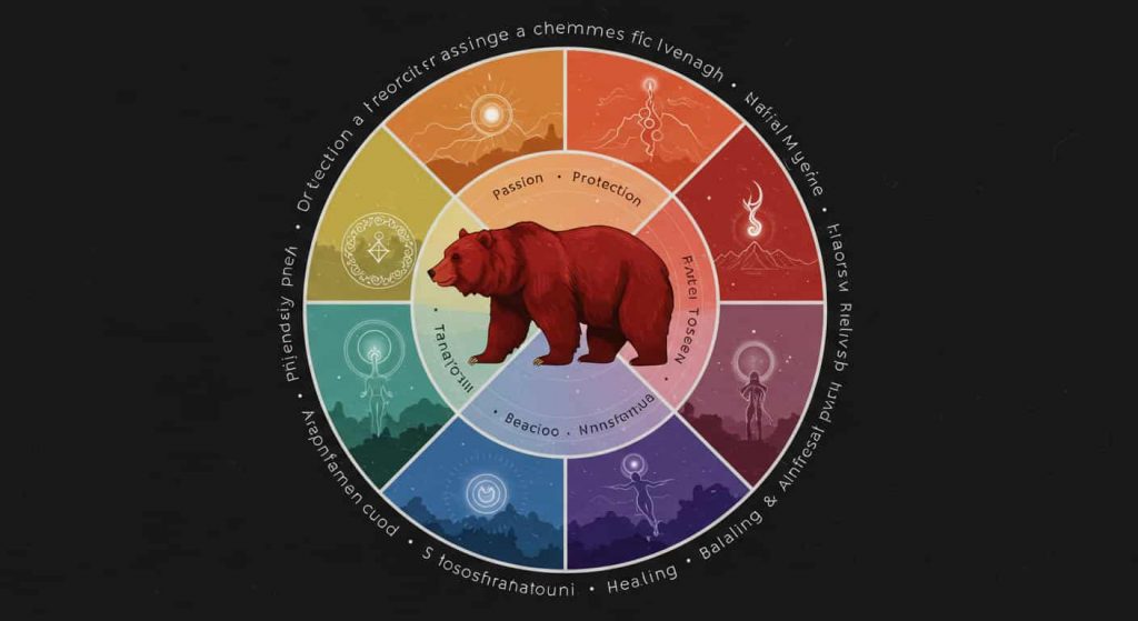 A detailed mandala featuring a red bear at the center, surrounded by seven sections representing courage, passion, protection, transformation, intuition, balance, and healing through symbolic imagery.