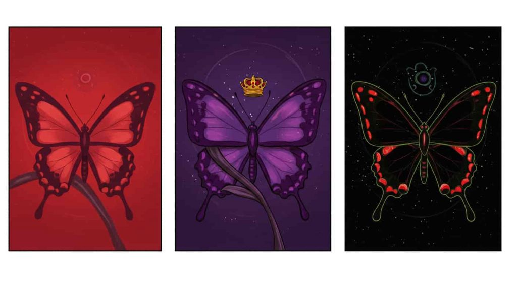 the color symbolism of red spotted purple butterflies: red for passion and vitality, purple for royalty and spirituality, and black for mystery and transformation.
