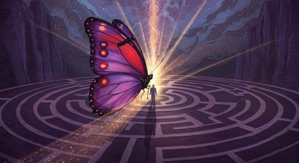 An impressionist watercolor and pen sketch depicting a red spotted purple butterfly guiding a person through a labyrinth-like path, with light beams representing divine messages emanating from its wings.
