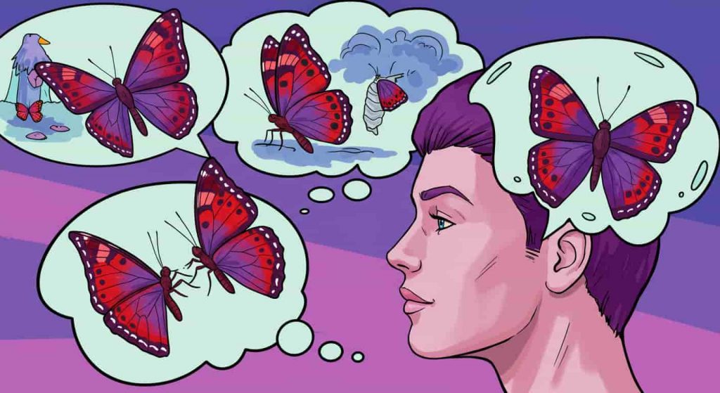 A pop art-style illustration of a dreaming person with thought bubbles showing various dream scenarios involving red spotted purple butterflies in flight, emerging from cocoons, and interacting with the dreamer.