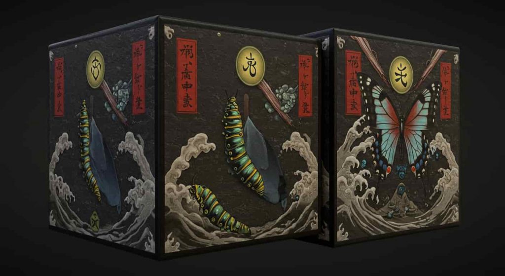 A 3D rendered cube blending Ukiyo-e and dark fantasy styles, showing three stages of a red spotted purple butterfly's transformation with spiritual symbols integrated into each stage.