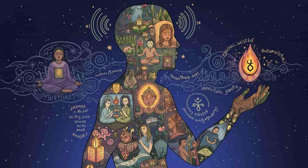 A dynamic doodle sketch of a person's silhouette filled with scenes of various responses to spiritual whistling, including meditation, journaling, and spiritual consultations, surrounded by stylized sound waves and symbols against a night sky gradient.