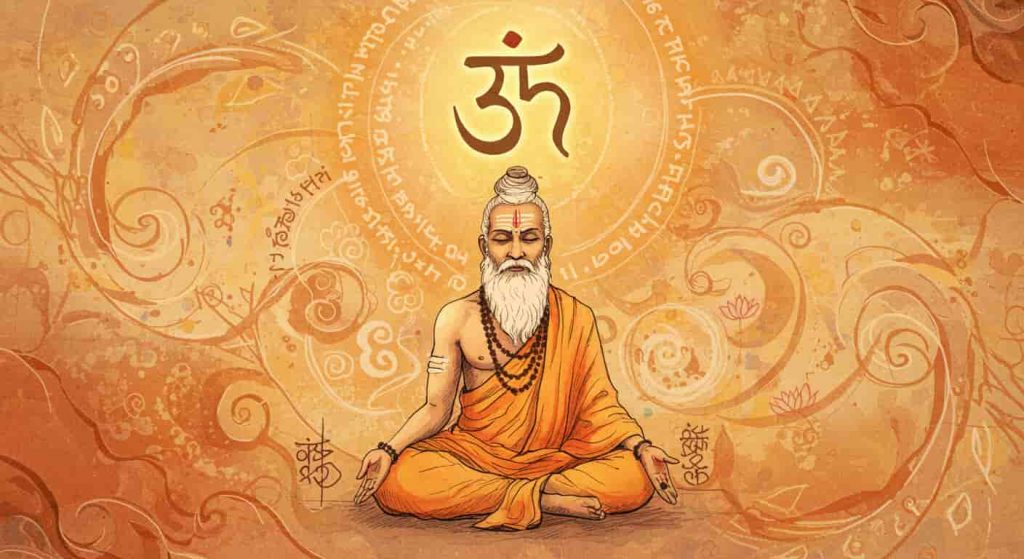 An impressionistic watercolor and pen sketch of a Vedic sage meditating beneath a glowing Sanskrit "Ra", surrounded by mandala patterns, Vedic symbols, and subtle references to solar energy and spiritual awakening.