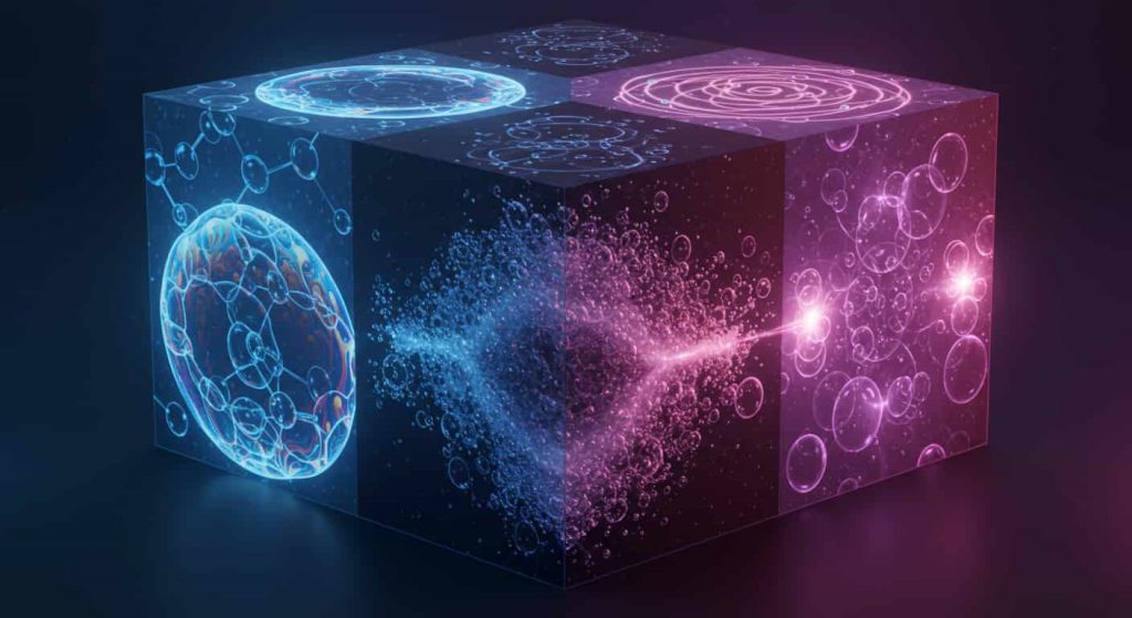 A 3D rendered cube with three visible faces showing scientific and spiritual aspects of bubbles: a molecular structure, quantum foam, and energy fields interacting with bubbles, illustrating the connection between science and bubble spirituality.