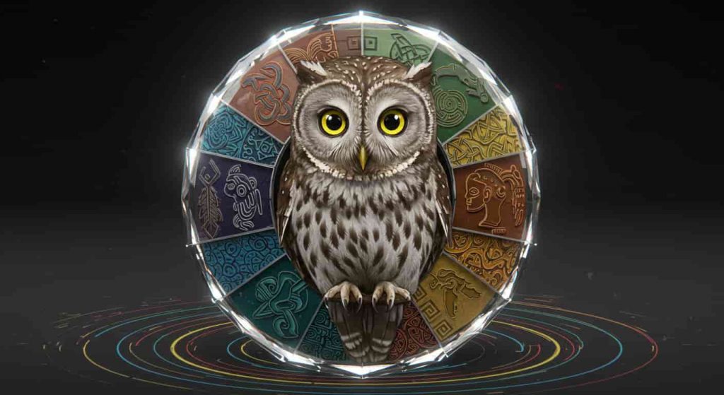 3D artwork of a crystal sphere containing a detailed screech owl, surrounded by five sections representing Native American, Celtic, Greek, African, and Asian cultural interpretations of owl symbolism, with a subtle prismatic glow.