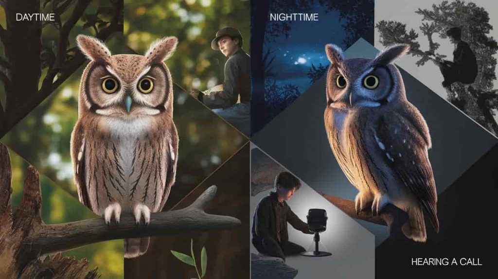 3D conceptual art divided into four quadrants showing various screech owl encounters: daytime, nighttime, hearing a call, and repeated sightings, each featuring a detailed screech owl with spiritual aura effects and contrasting colors and lighting.