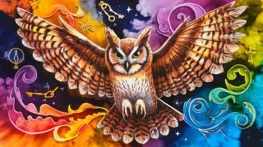 Surreal digital painting of a flying screech owl with reddish-brown feathers and orange eyes, its wing feathers morphing into various spiritual symbols against a vibrant purple and blue starry background.
