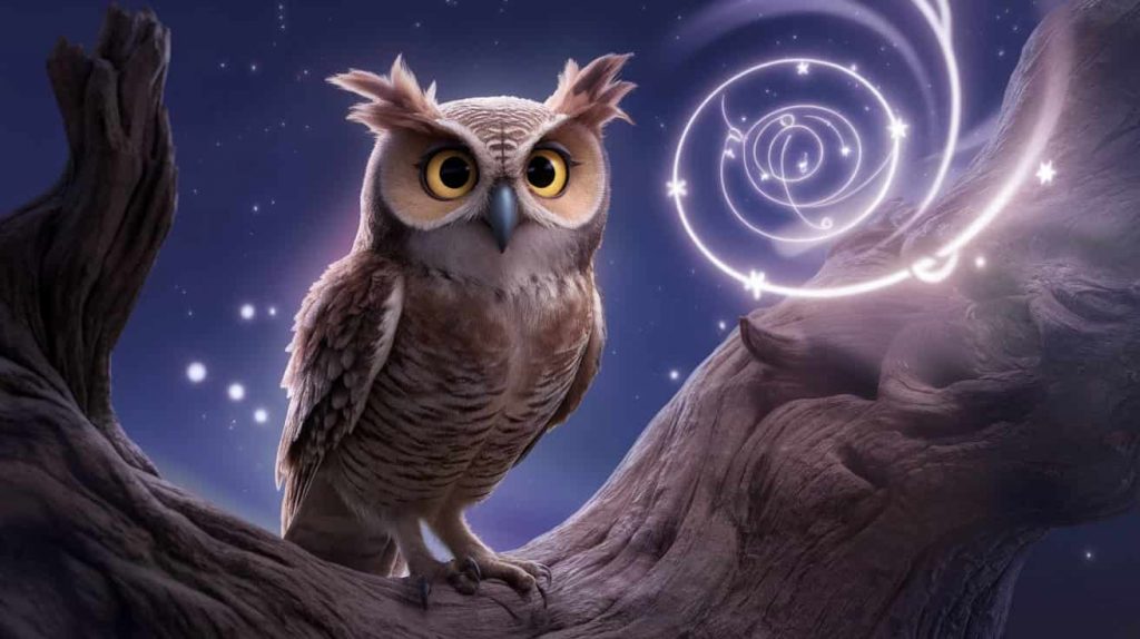 Pixar-style 3D cartoon of a detailed, wise-looking screech owl on an ancient tree at night, with glowing eyes and swirling, shimmering starlight forming intuitive symbols, enhanced by a soft bloom effect.