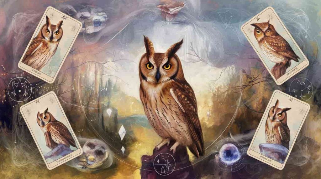 Impressionist-style digital painting of a dreamy landscape with floating tarot cards featuring detailed screech owls, surrounded by divination symbols, with a watercolor effect and swirling mist enhancing the mystical atmosphere.