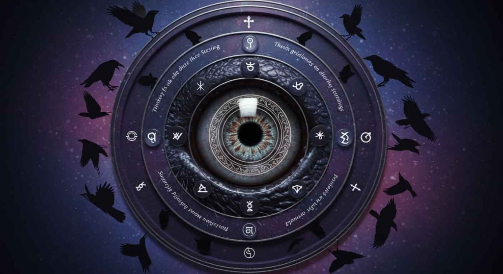 A multi-layered 3D circular design featuring crow silhouettes, seven spiritual symbols, and a central crow eye, representing the various spiritual meanings and symbolism of crow sightings.