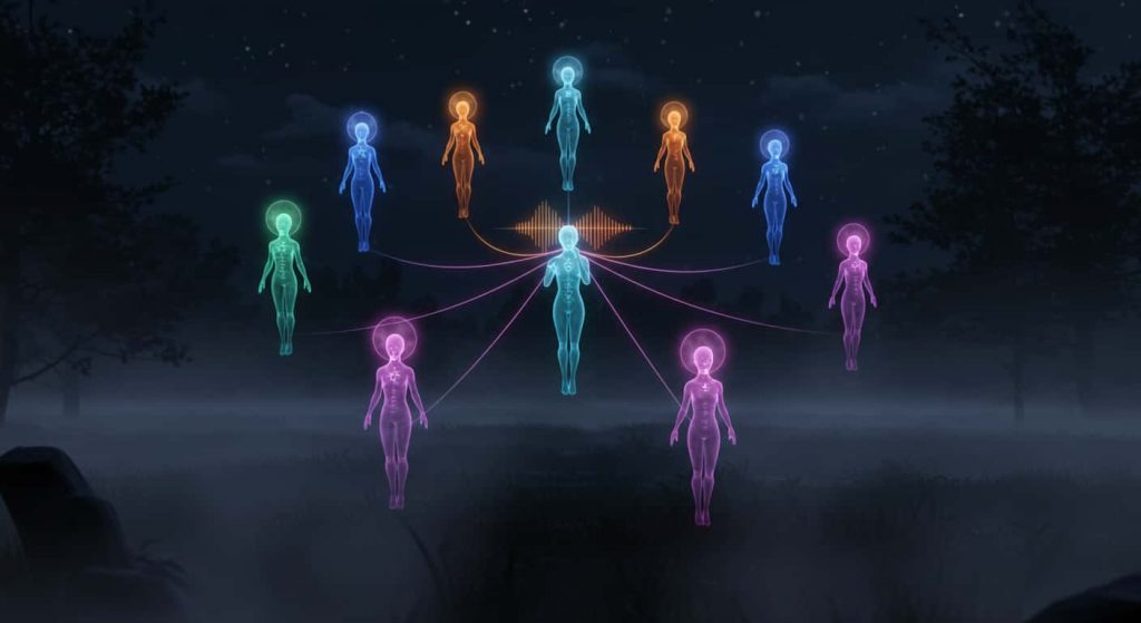 A 3D rendered dark fantasy scene depicting seven ethereal figures in a spiral formation, representing different spiritual meanings of nighttime whistling, with connecting sound waves and unique auras, set in a misty moonlit landscape.
