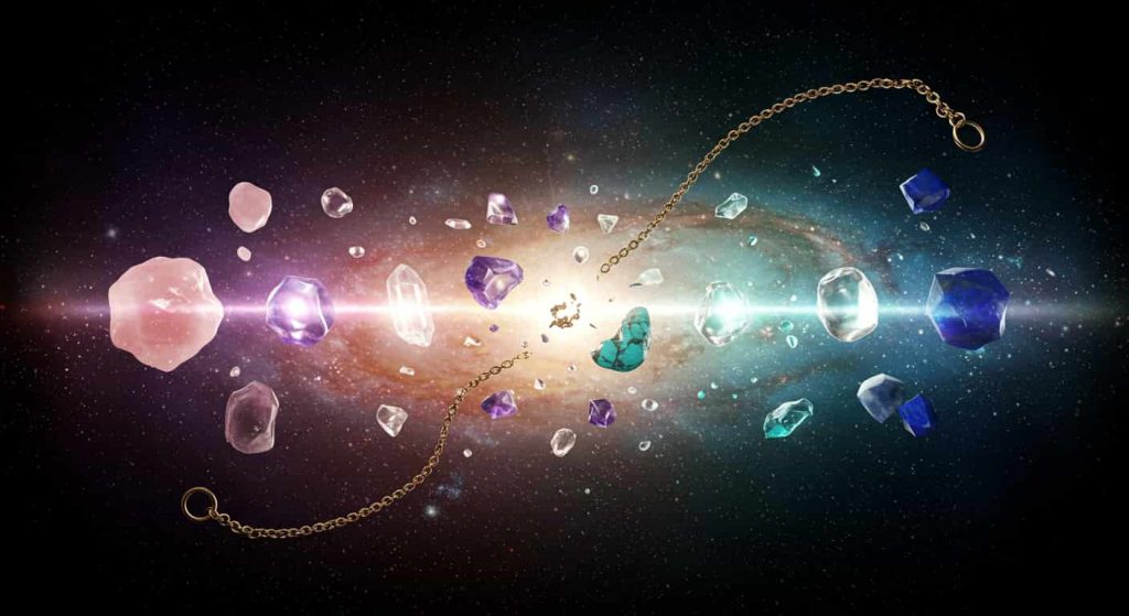 A captivating and conceptual 3D artwork featuring various gemstones (rose quartz, amethyst, clear quartz, turquoise, lapis lazuli) radiating unique, colorful energies, with a fragmented necklace in the center, set against a backdrop of a swirling, cosmic galaxy, depicting the specific meanings of gemstones in a broken necklace.
