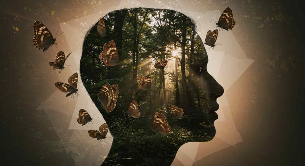 A surrealist digital artwork depicting a human profile filled with a forest scene, from which brown Speckled Wood butterflies with cream spots emerge, transforming the silhouette and symbolizing personal growth and metamorphosis.
