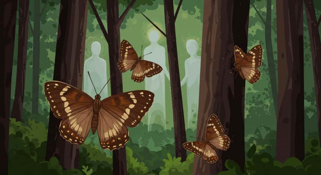 A minimalist pop art painting of a forest scene with brown and cream-spotted Speckled Wood butterflies connecting trees to ethereal spirit forms.