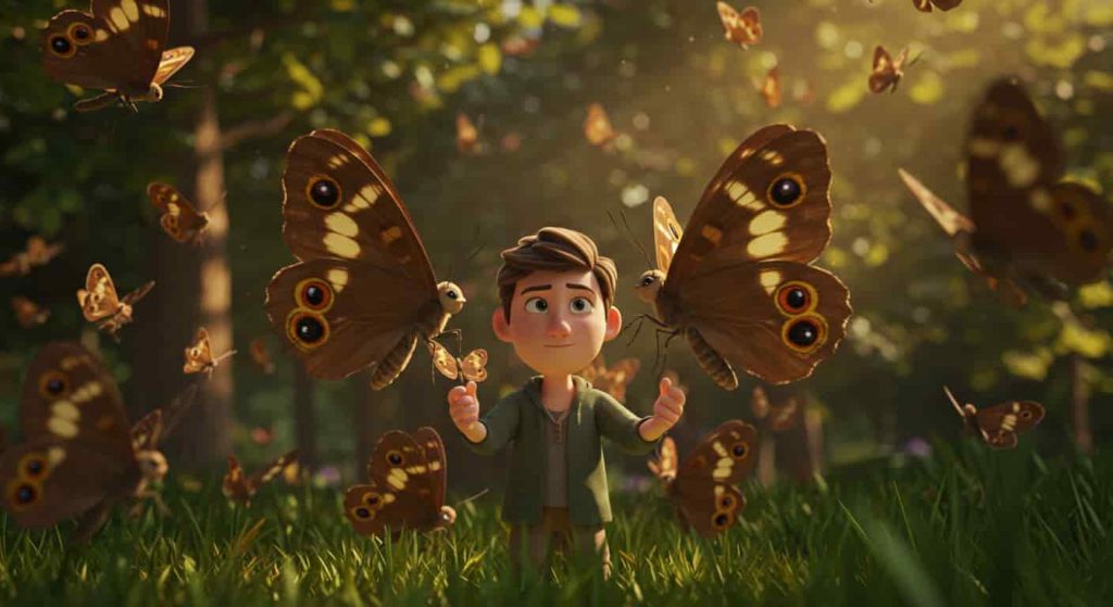 A Pixar-style 3D rendering of a person in a forest clearing surrounded by brown Speckled Wood butterflies with cream spots, depicted as spirit animal guides.