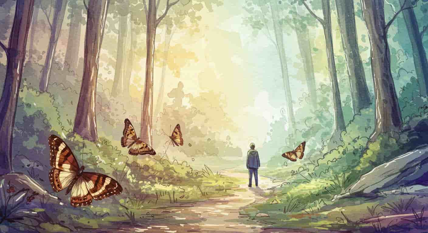 An impressionist watercolor and pen sketch of a person on a forest path guided by brown Speckled Wood butterflies with cream spots, representing spiritual lessons.