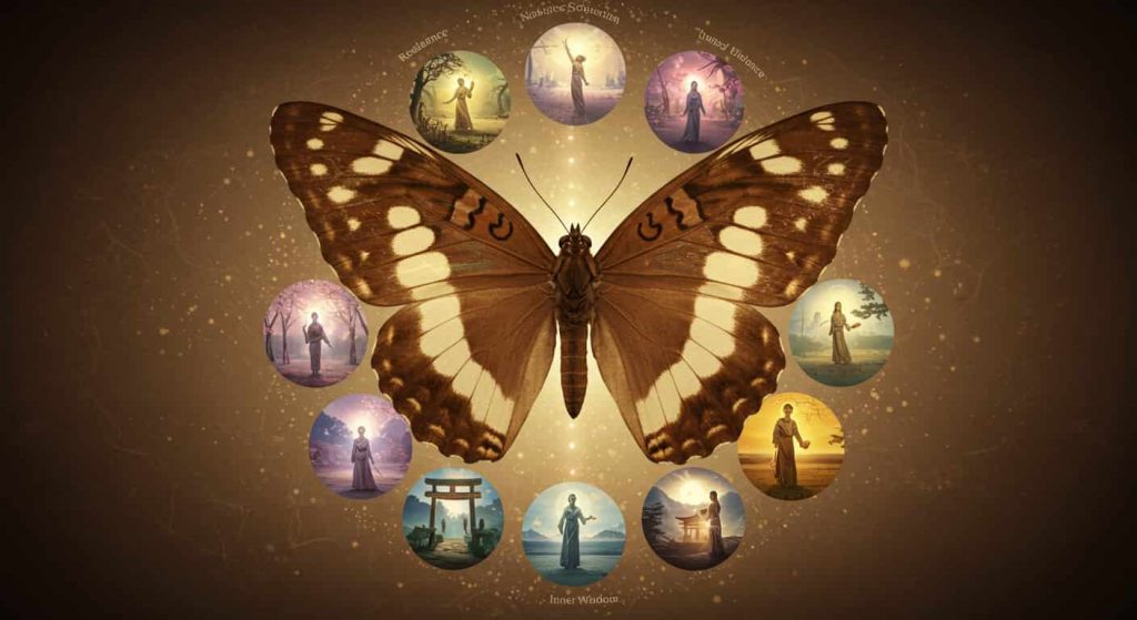 3D artwork showing the life cycle of a Speckled Wood butterfly in a spiral arrangement, from egg to adult with distinctive wing patterns.
