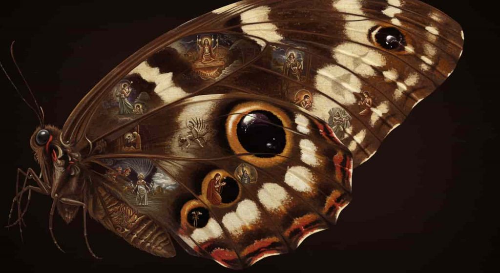 A 3D rendered Ukiyo-e-inspired dark fantasy image of a giant Speckled Wood butterfly wing, brown with cream spots, each containing miniature spiritual scenes.