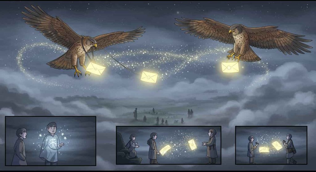 Comic-style illustration of two hawks delivering glowing letters from a misty spirit realm to humans, with the letters transforming into visions.