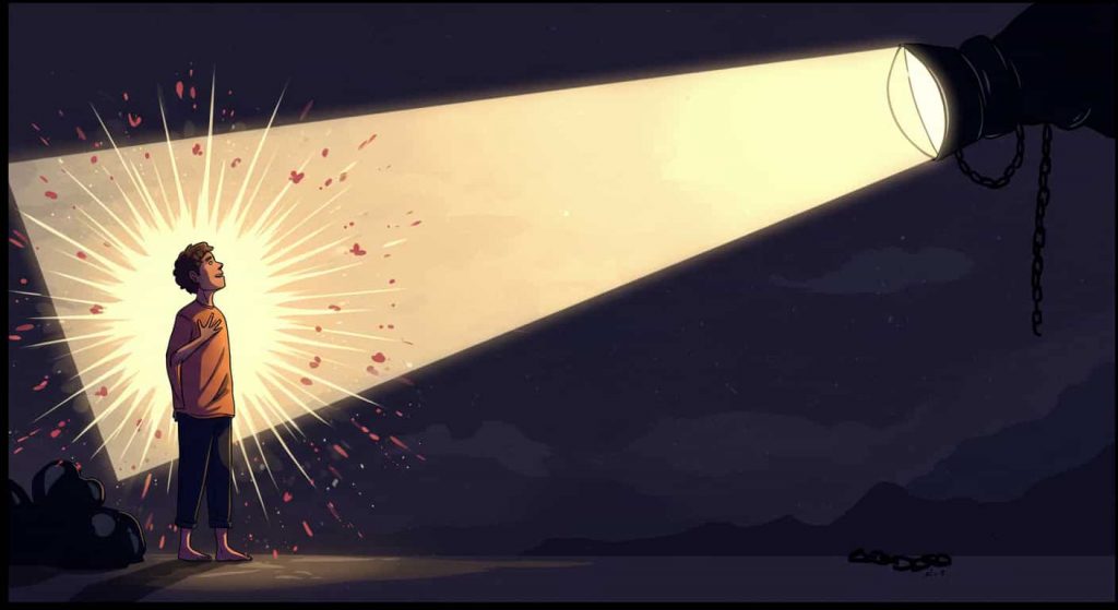 An image depicting a person's spiritual awakening moment, illuminated by a single headlight source, with visual metaphors of opening eyes and blooming flowers.