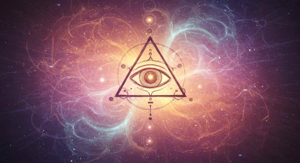 A dynamic doodle sketch of a stylized "third eye" with the triangle and circle symbol integrated into its design, set against a background of swirling, abstract patterns, representing spiritual awakening and expanded consciousness.