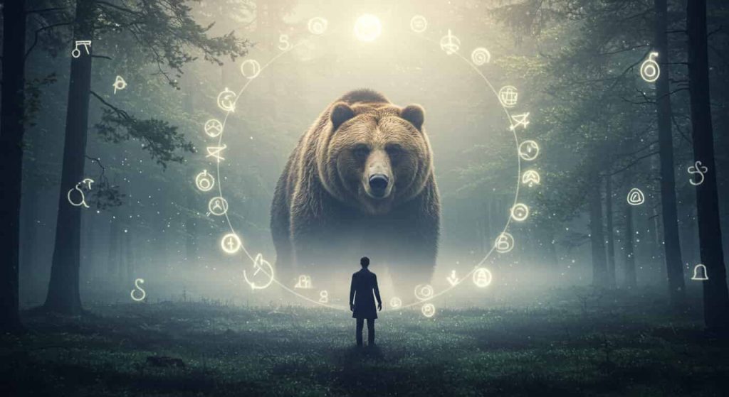 Dreamlike forest scene with a person encountering a brown bear silhouette, surrounded by symbols of spiritual awakening and transformation.