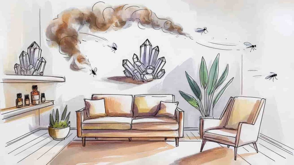 An impressionist watercolor and pen sketch showing a home interior with sage smoke, crystals, and essential oils repelling translucent fly silhouettes, illustrating spiritual cleansing and protection methods.