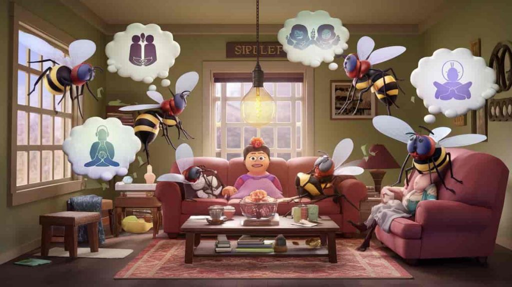 A Pixar-style 3D cartoon showing anthropomorphic flies in a living room, each engaged in different behaviors with spiritual symbols in thought bubbles, illustrating fly behavior interpretation in spiritual contexts.