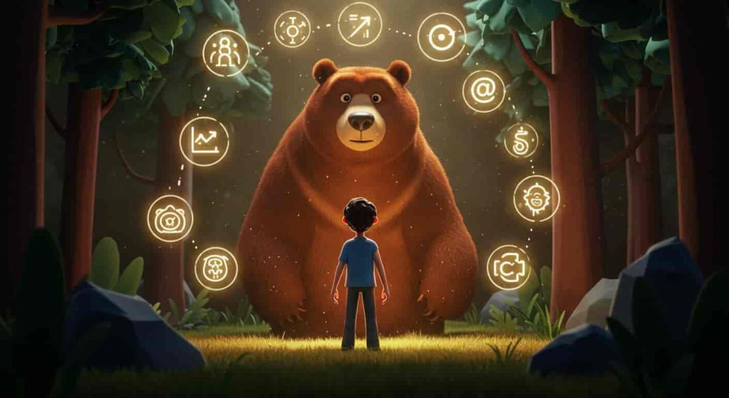 Pixar-style 3D rendering of a person confidently facing a friendly bear in a mystical forest, surrounded by symbols of personal growth and self-discovery.
