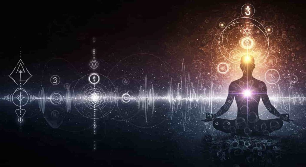 An abstract, mixed-media digital artwork showing a meditating figure surrounded by evolving fractal patterns and sacred geometry, emerging from stylized sound waves, symbolizing spiritual growth and transformation triggered by nighttime whistling.