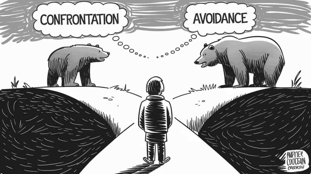 Comic-style illustration of a person at a crossroads facing a bear, representing the choice between confronting or avoiding challenges in bear chase dreams.