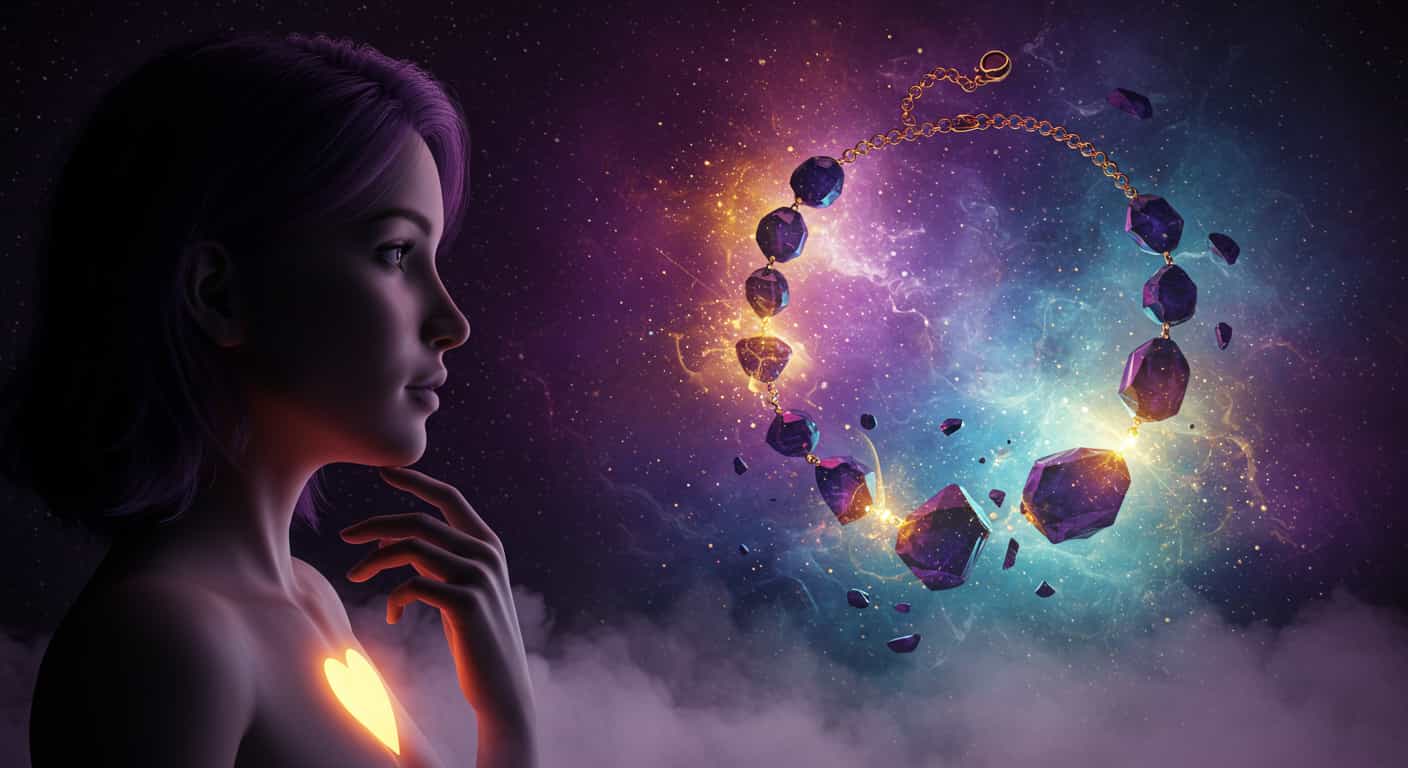 A captivating and conceptual 3D artwork depicting a woman's profile with a glowing, radiant heart, gazing at a surreal, broken gemstone necklace levitating amidst a backdrop of swirling, cosmic energy, illustrating the spiritual meanings and symbolism associated with a broken necklace.