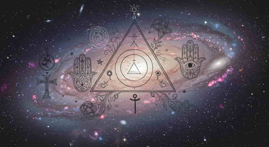 A dynamic doodle sketch featuring a triangle with a circle inside, encircled by various spiritual symbols, including the ankh, hamsa, and Celtic knot, set against a swirling, cosmic background, representing the diverse spiritual meanings of the symbol.