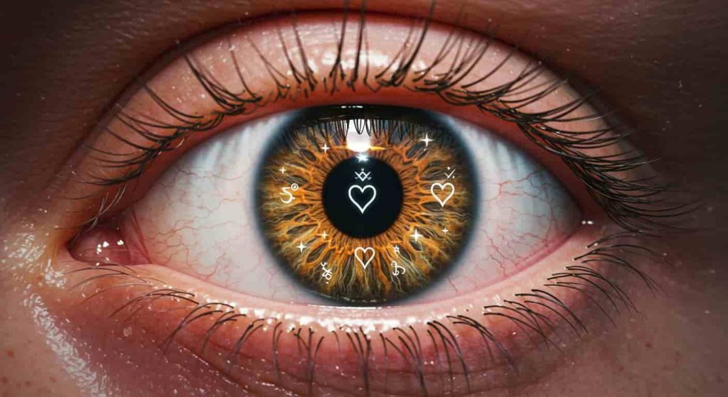A conceptual 3D artwork of a human eye with a penny iris and spiritual symbols reflected in the pupil, surrounded by swirling energy patterns, representing the recognition of genuine spiritual penny signs.