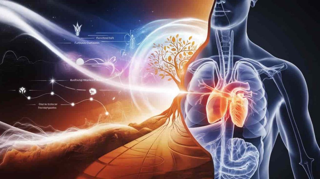 3D conceptual artwork showing a split scene of an anatomical chest and spiritual symbols, connected by energy flows, illustrating the spiritual perspective on right chest pain.