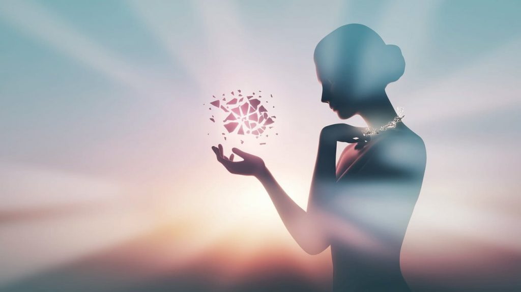 A captivating and conceptual 3D artwork that showcases a unique, multi-layered style, illustrating spiritual practices in response to a broken necklace. The artwork features a woman's silhouette in a reflective pose, with hands gently holding a glowing, fragmented necklace. The background is a serene, misty dawn sky with soft rays of light. The color palette is gentle pastels with a focus on soft blues and pinks. The overall mood is peaceful and hopeful, symbolizing reflection and new beginnings.