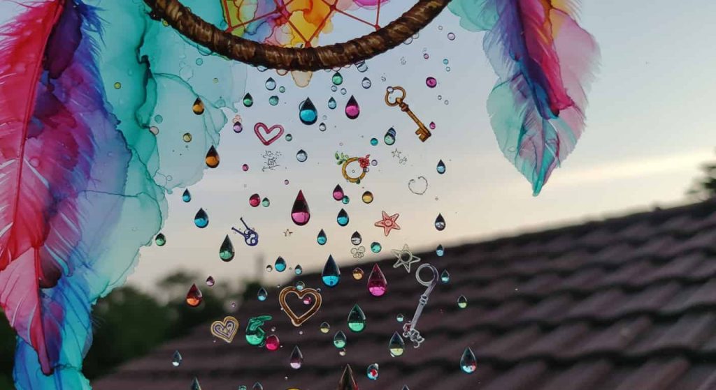 Hyper-realistic 3D alcohol ink artwork showing a dreamcatcher with water droplets transforming into symbols, representing the spiritual meanings of leaking roof dreams.