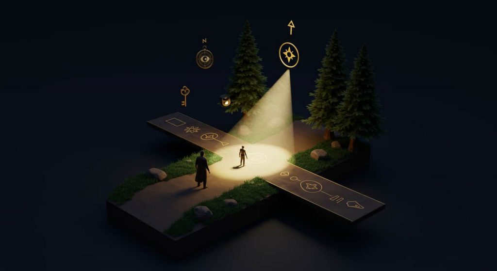 A mystical 3D rendered scene of a figure at a crossroads, with one path illuminated by a single headlight, surrounded by floating spiritual symbols, representing the various meanings of one headlight encounters.