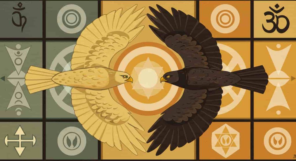 Minimalist pop art painting of two stylized hawks forming a circle, surrounded by spiritual symbols representing harmony, guidance, and transformation.