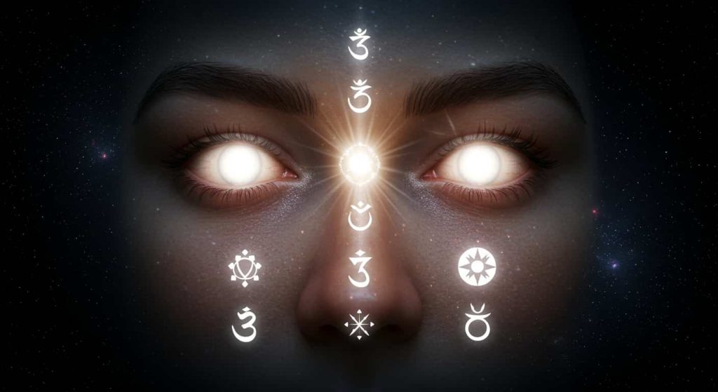 3D rendered realistic face with open luminous eyes emitting seven rays of white light, each transforming into spiritual symbols, set against a swirling starry background.